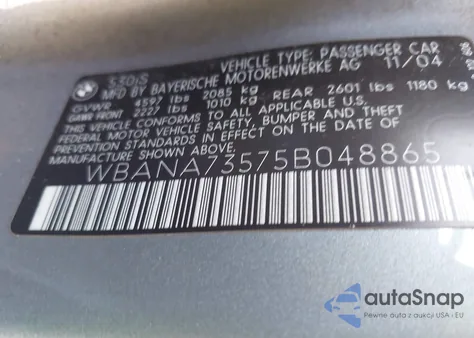 2005 BMW 530I from USA, damaged, VIN WBANA73575B048865